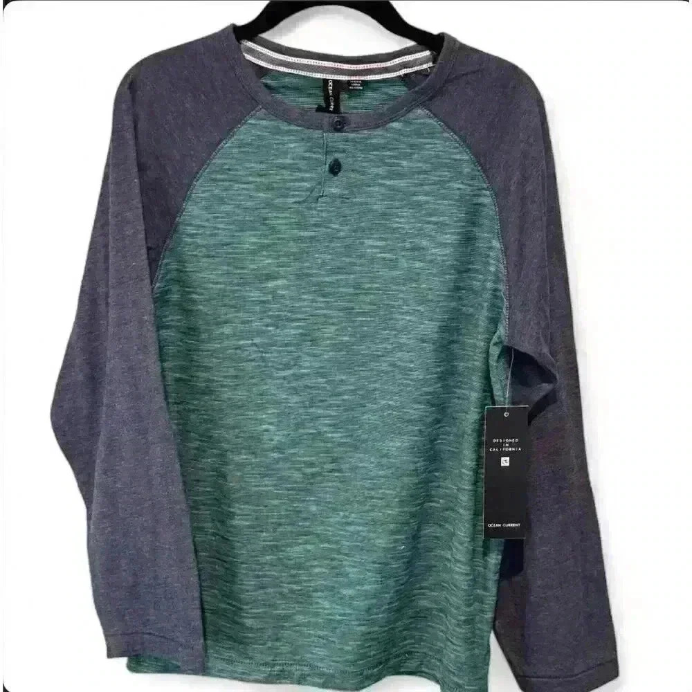 NWT-Ocean Current Boys YXL Green Raglan Henley Long Sleeve Tee